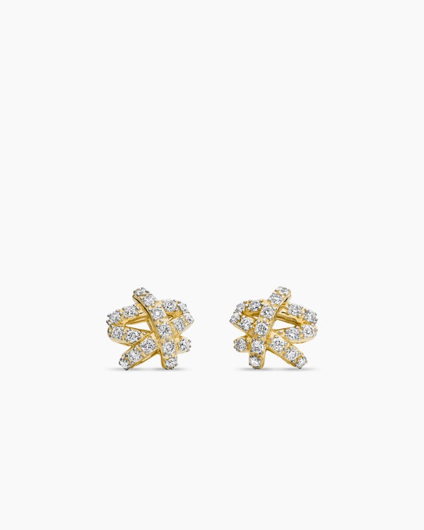 Clous d’oreilles Crossover pavé en or jaune 18 carats avec diamants, 9 mm