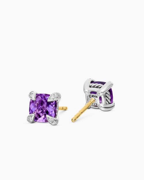 Womens Petite Chatelaine® Stud Earrings in Sterling Silver with Amethyst and Diamonds, 6mm