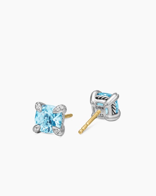 Womens Petite Chatelaine® Stud Earrings in Sterling Silver with Blue Topaz and Diamonds, 6mm