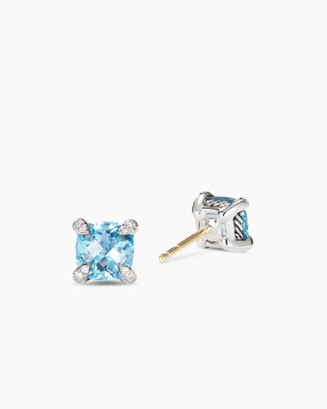 Petite Chatelaine® Stud Earrings in Sterling Silver with Blue Topaz and Diamonds, 6mm