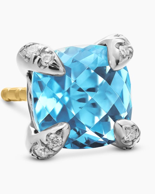 Womens Petite Chatelaine® Stud Earrings in Sterling Silver with Blue Topaz and Diamonds, 6mm