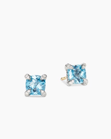 Petite Chatelaine® Stud Earrings in Sterling Silver with Blue Topaz and Diamonds, 6mm