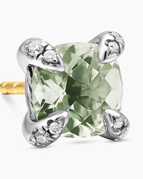Womens Petite Chatelaine® Stud Earrings in Sterling Silver with Prasiolite and Diamonds, 6mm