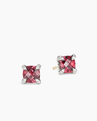 Petite Chatelaine® Stud Earrings in Sterling Silver with Rhodolite Garnet and Diamonds, 6mm