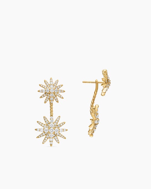 Womens Starburst Double Drop Earrings in 18K Yellow Gold with Diamonds, 32.5mm