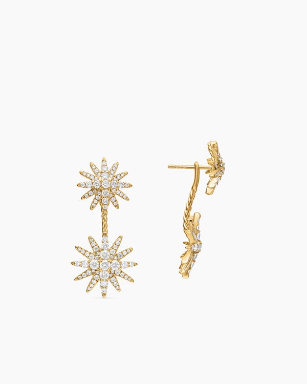 Starburst Double Drop Earrings in 18K Yellow Gold with Diamonds, 32.5mm