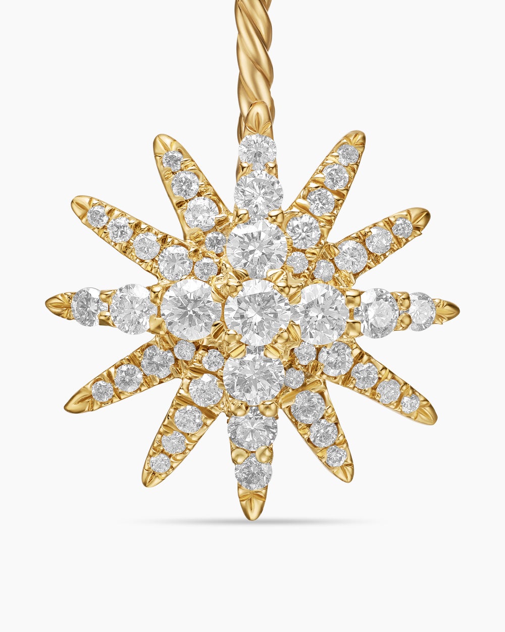 Womens Starburst Double Drop Earrings in 18K Yellow Gold with Diamonds, 32.5mm