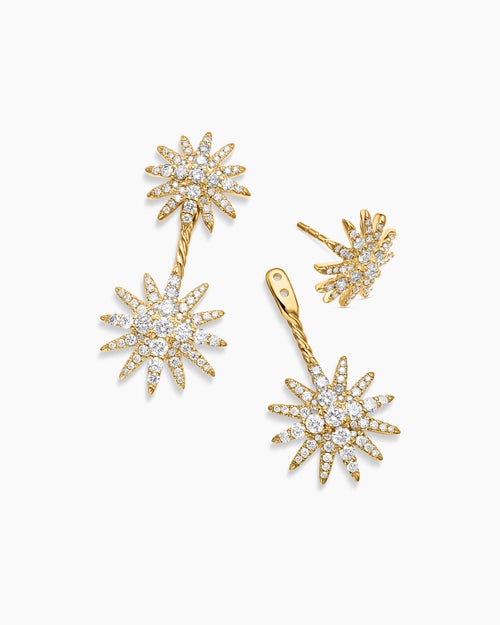 Womens Starburst Double Drop Earrings in 18K Yellow Gold with Diamonds, 32.5mm