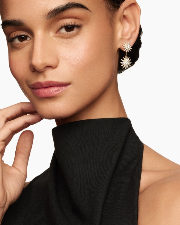Starburst Double Drop Earrings in 18K Yellow Gold with Diamonds, 32.5mm