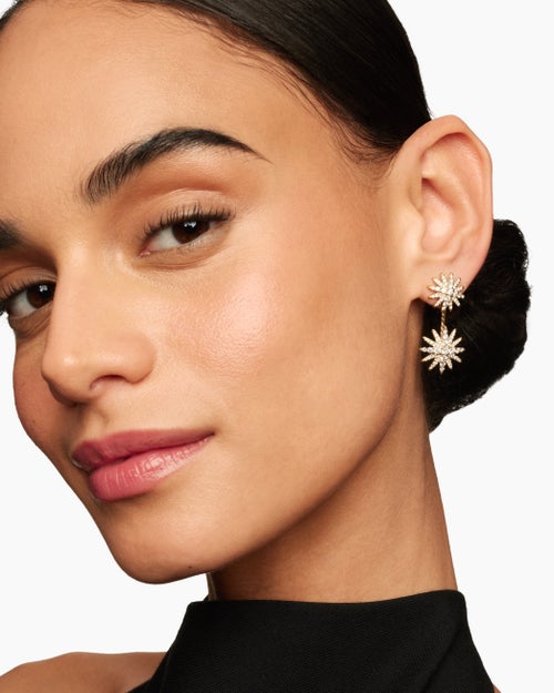 Womens Starburst Double Drop Earrings in 18K Yellow Gold with Diamonds, 32.5mm