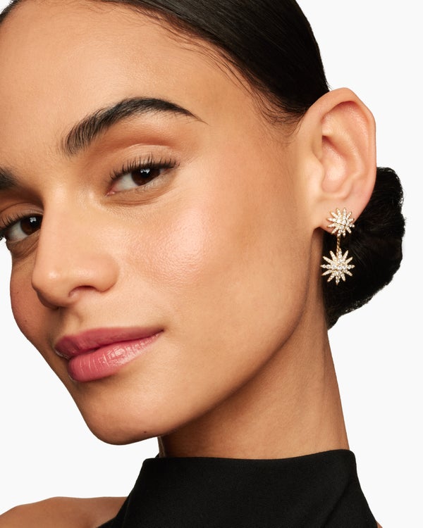 Starburst Double Drop Earrings in 18K Yellow Gold with Diamonds, 32.5mm