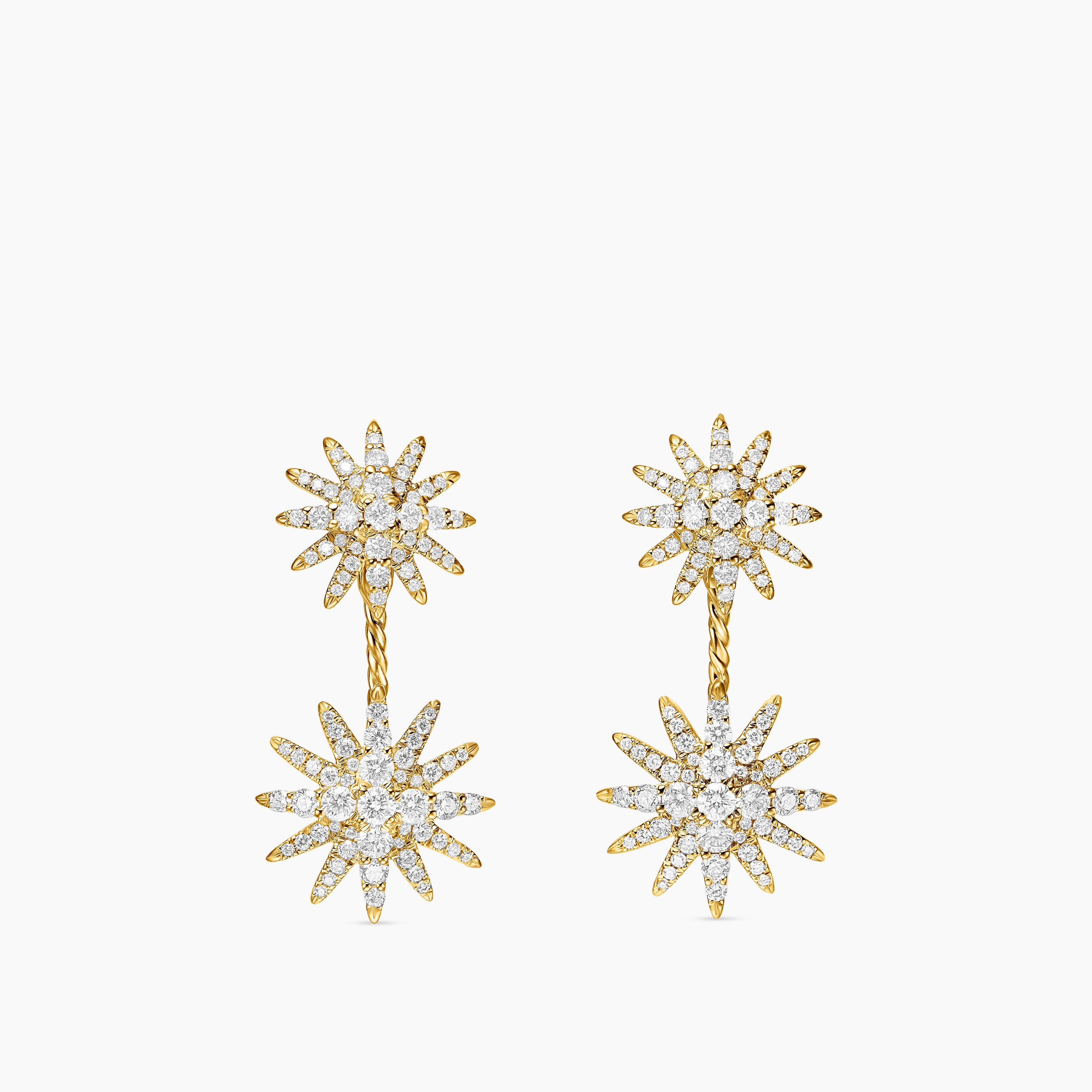 Womens Starburst Double Drop Earrings in 18K Yellow Gold with Diamonds, 32.5mm