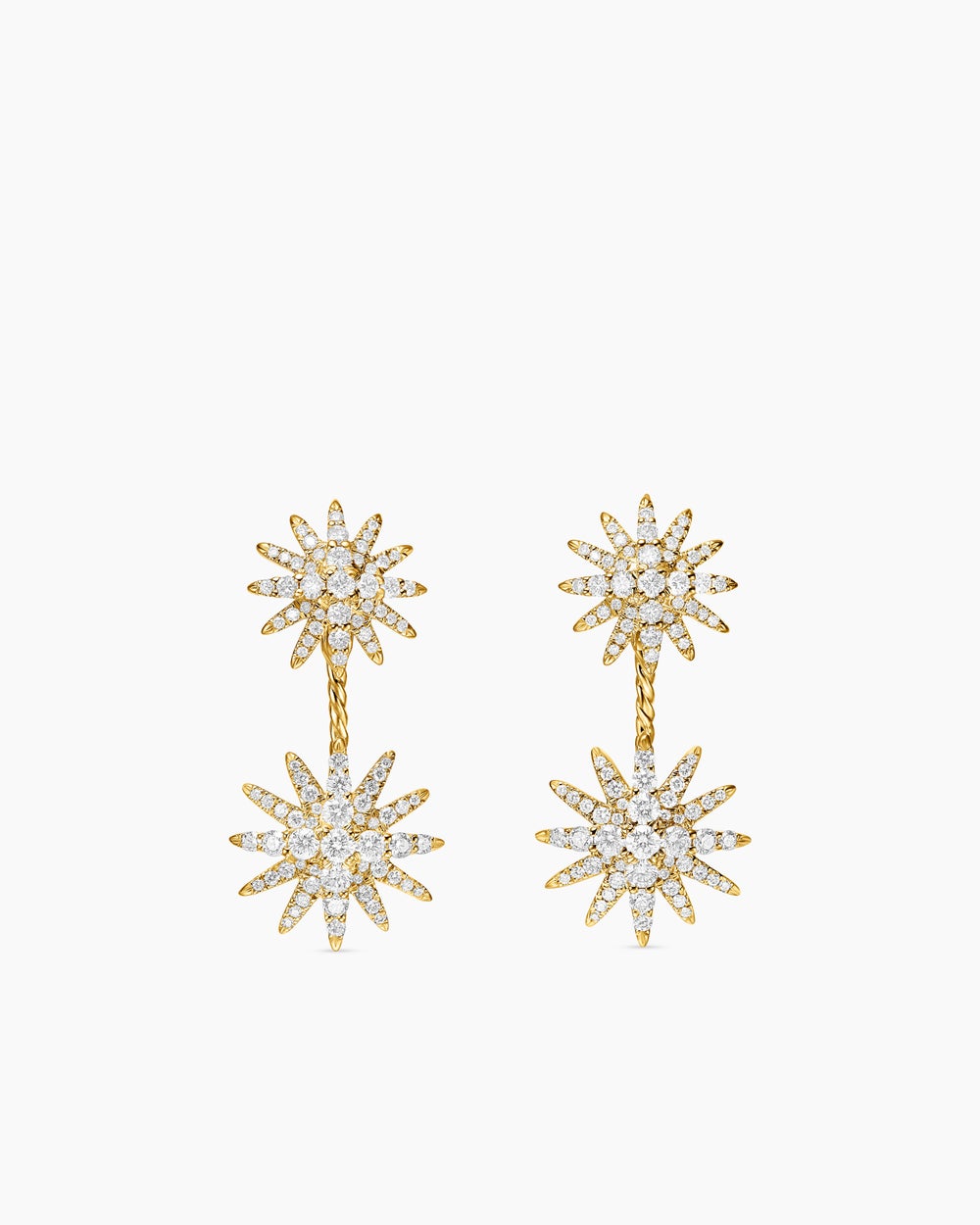 Womens Starburst Double Drop Earrings in 18K Yellow Gold with Diamonds, 32.5mm