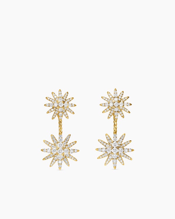 Starburst Double Drop Earrings in 18K Yellow Gold with Diamonds, 32.5mm