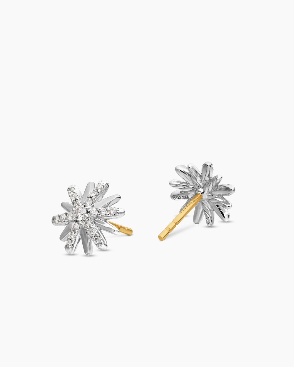 Womens Petite Starburst Stud Earrings in Sterling Silver with Diamonds, 10mm