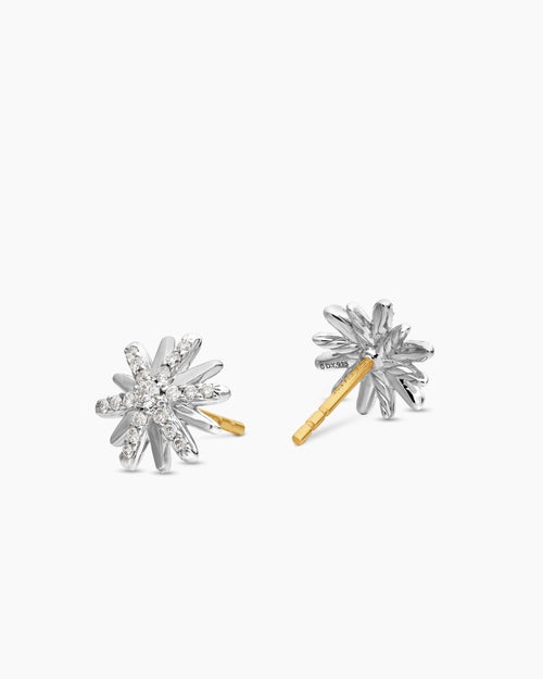Womens Petite Starburst Stud Earrings in Sterling Silver with Diamonds, 10mm