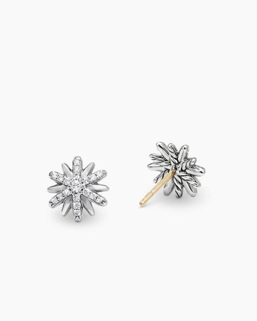 Petite Starburst Stud Earrings in Sterling Silver with Diamonds, 10mm