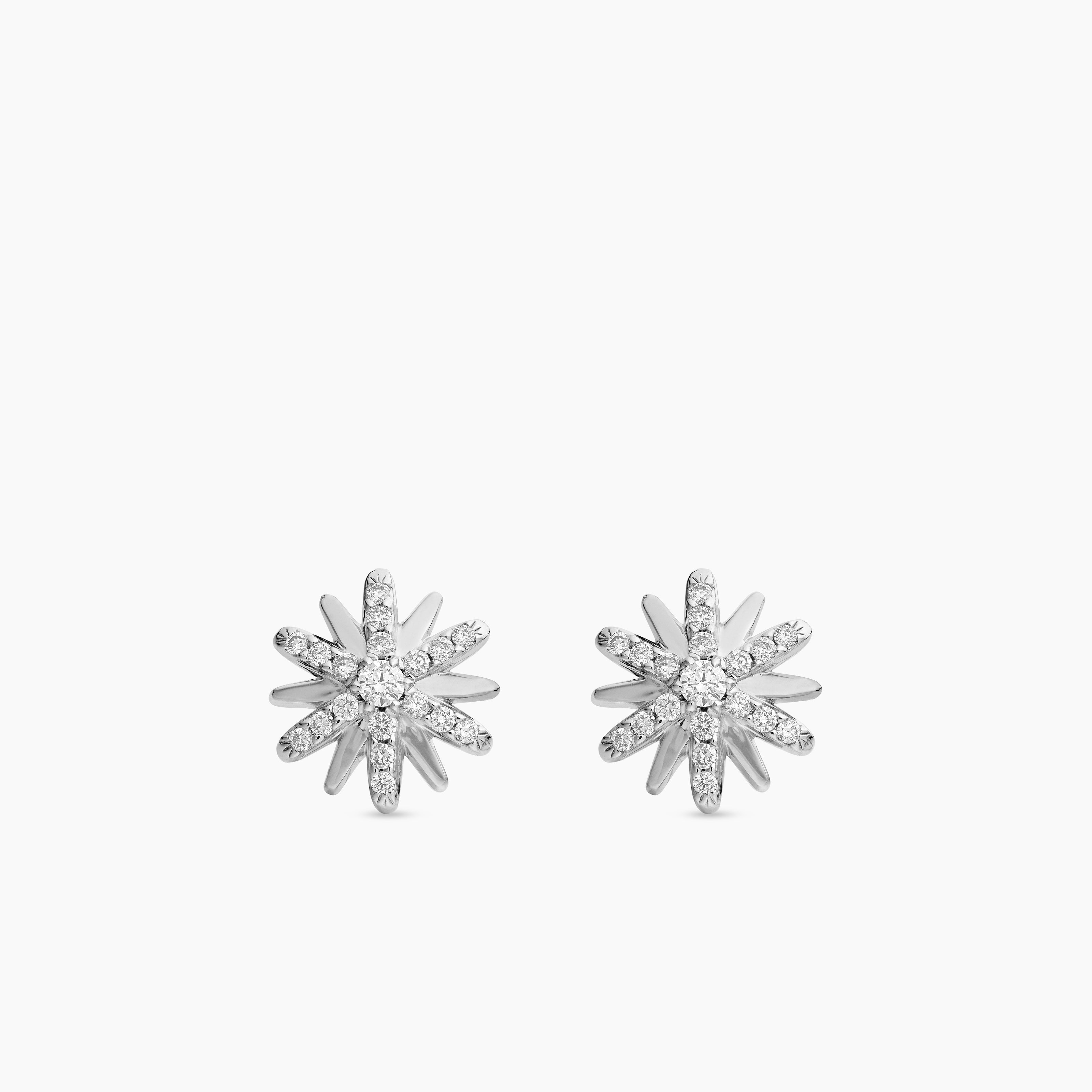 Womens Petite Starburst Stud Earrings in Sterling Silver with Diamonds, 10mm