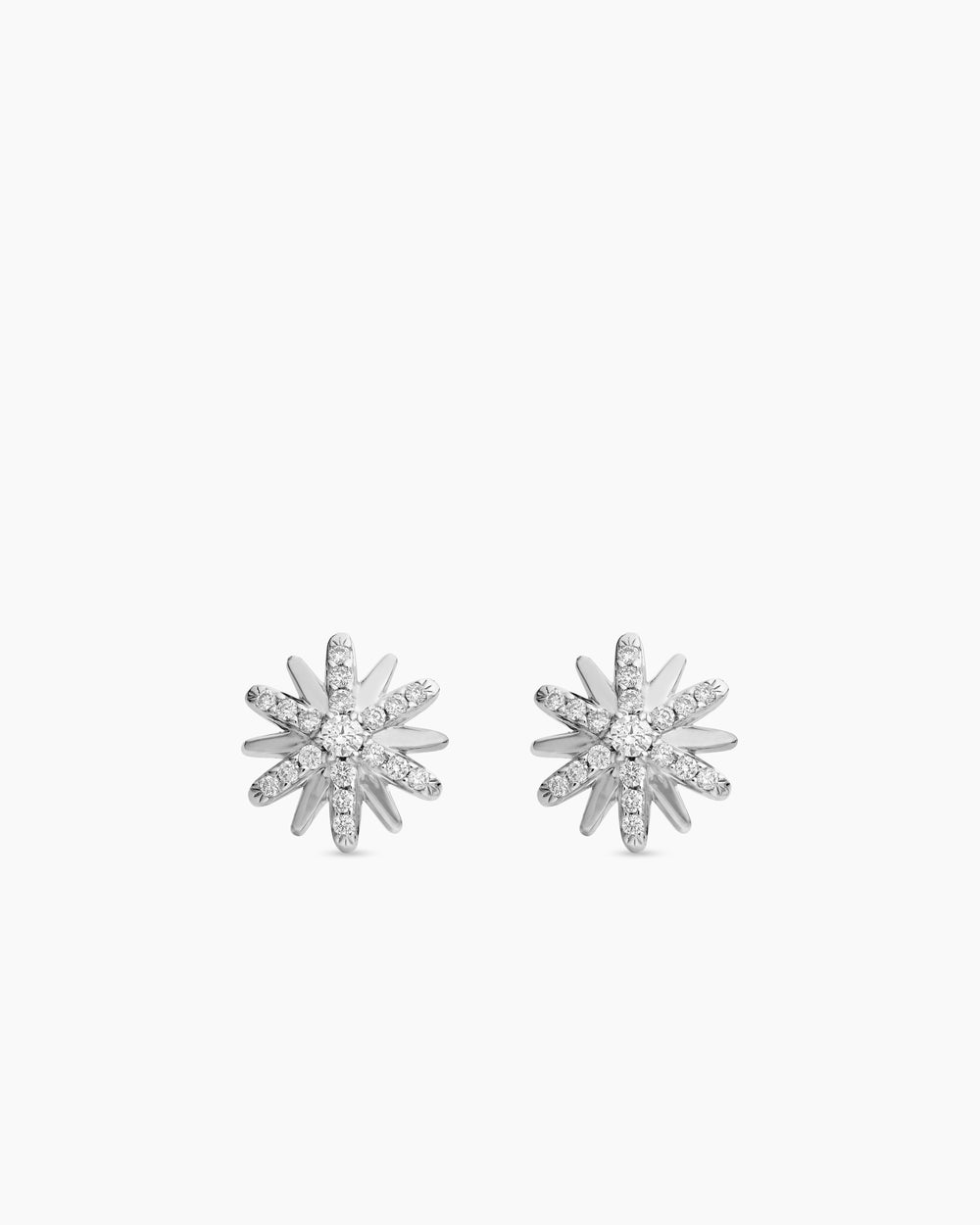 Womens Petite Starburst Stud Earrings in Sterling Silver with Diamonds, 10mm