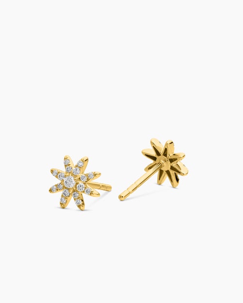 Womens Petite Starburst Stud Earrings in 18K Yellow Gold with Diamonds, 7.5mm