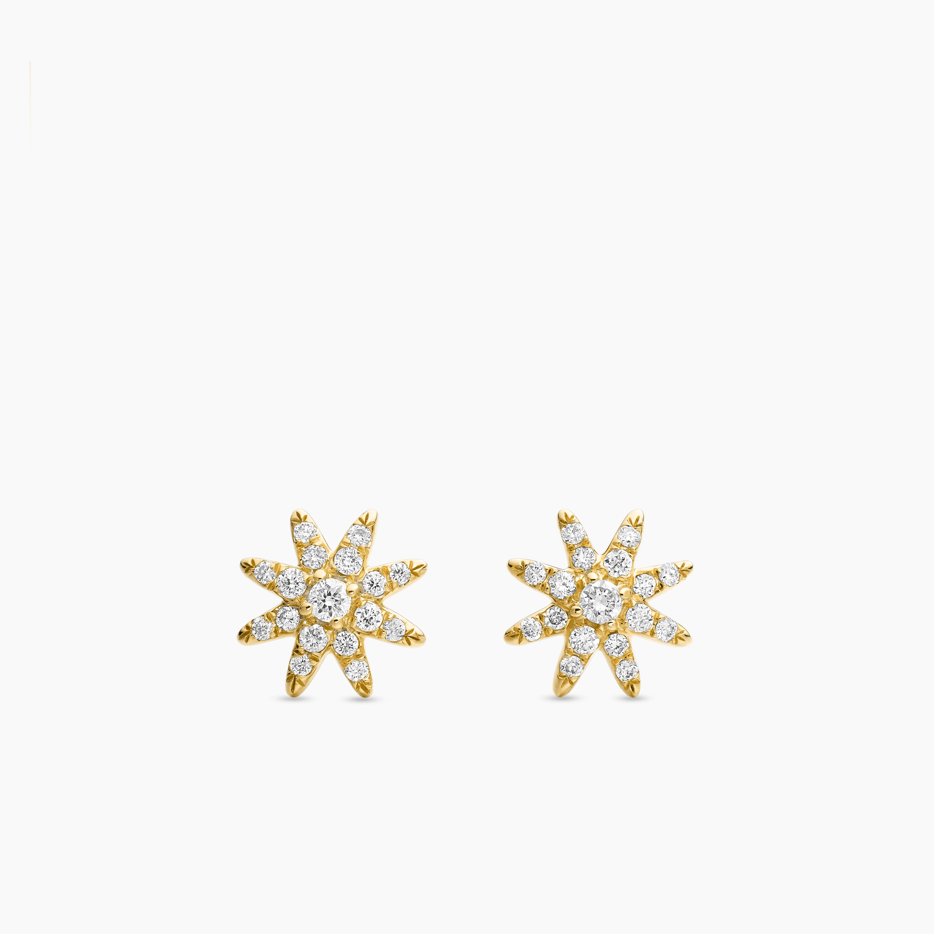 Womens Petite Starburst Stud Earrings in 18K Yellow Gold with Diamonds, 7.5mm