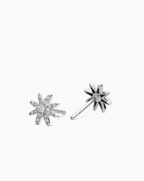 Womens Petite Starburst Stud Earrings in 18K White Gold with Diamonds, 7.5mm