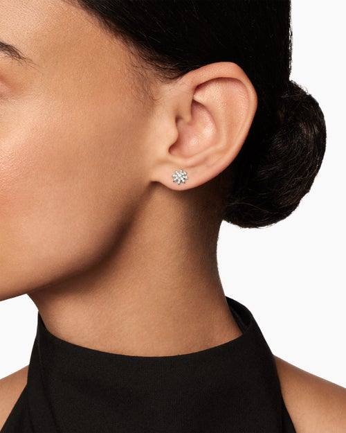 Womens Petite Starburst Stud Earrings in 18K White Gold with Diamonds, 7.5mm