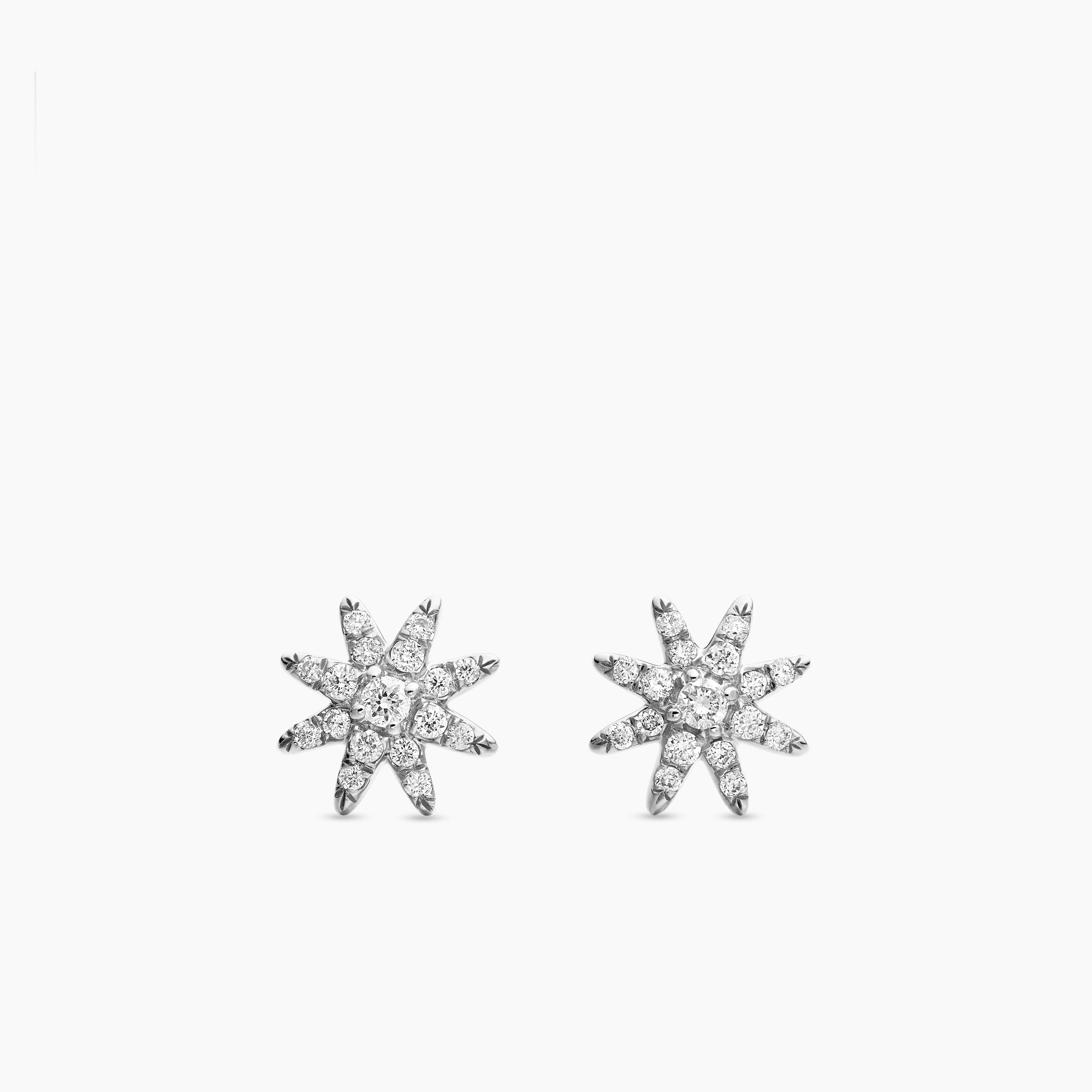 Womens Petite Starburst Stud Earrings in 18K White Gold with Diamonds, 7.5mm