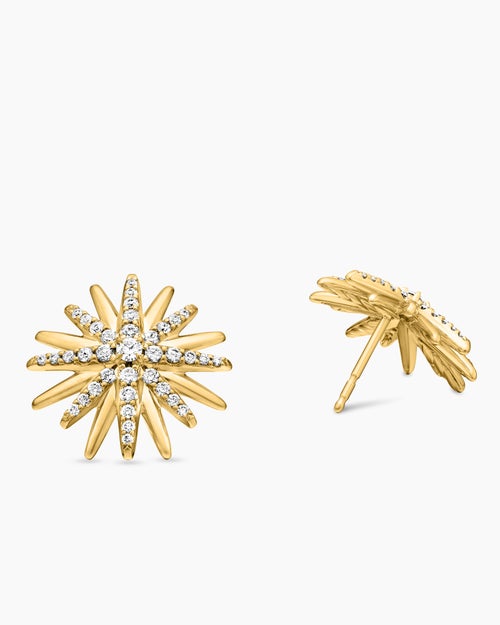 Womens Starburst Stud Earrings in 18K Yellow Gold with Diamonds, 19mm