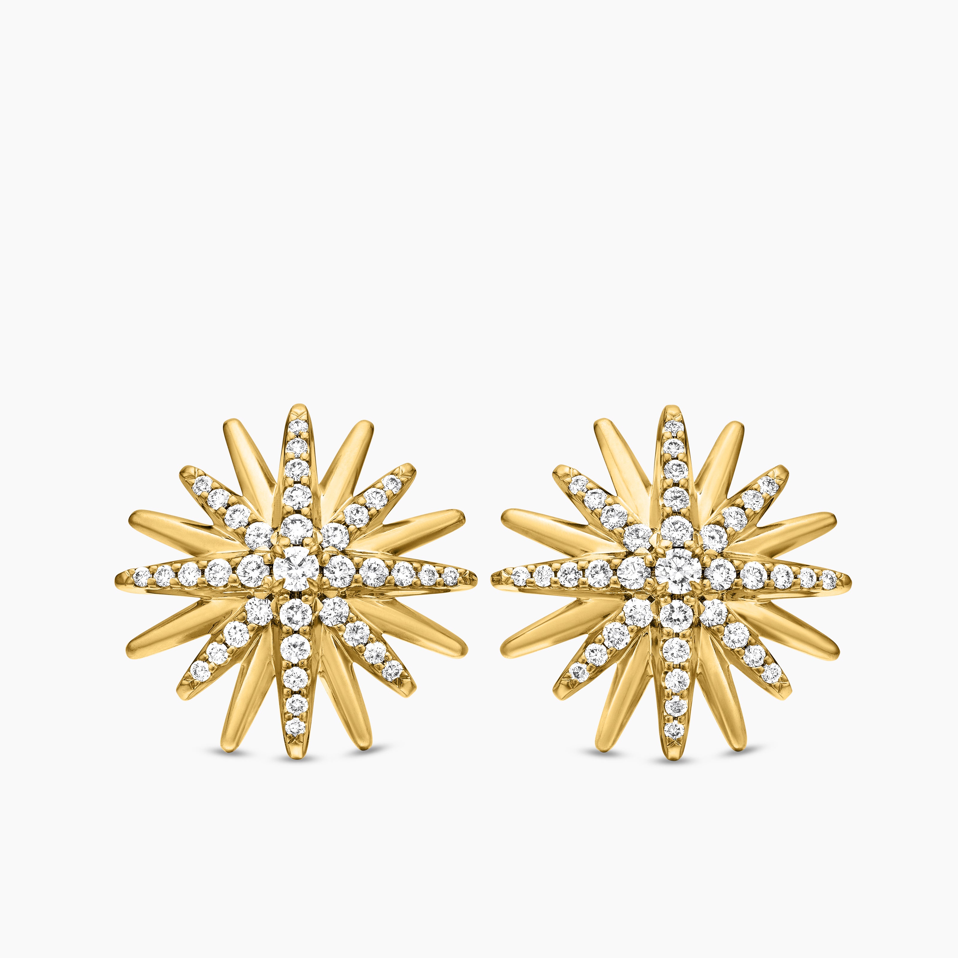 Womens Starburst Stud Earrings in 18K Yellow Gold with Diamonds, 19mm