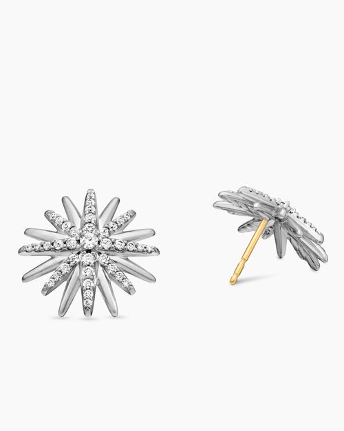 Womens Starburst Stud Earrings in Sterling Silver with Diamonds, 19mm