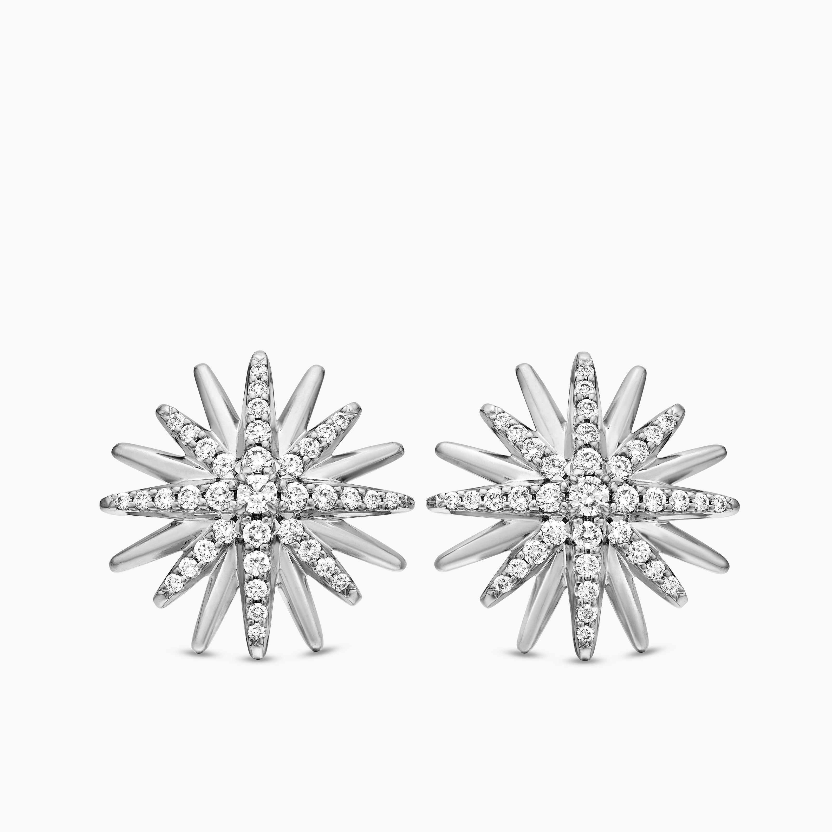 Womens Starburst Stud Earrings in Sterling Silver with Diamonds, 19mm
