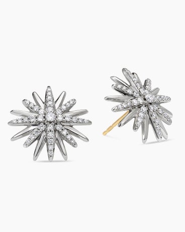 Starburst Stud Earrings in Sterling Silver with Diamonds, 19mm