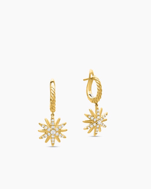 Womens Starburst Drop Earrings in 18K Yellow Gold with Diamonds, 25mm
