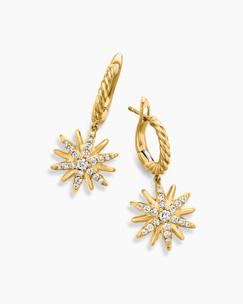 Womens Starburst Drop Earrings in 18K Yellow Gold with Diamonds, 25mm