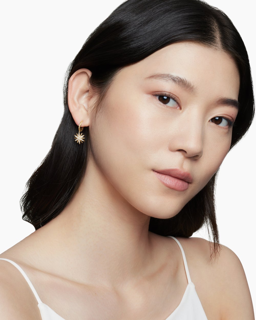 Womens Starburst Drop Earrings in 18K Yellow Gold with Diamonds, 25mm