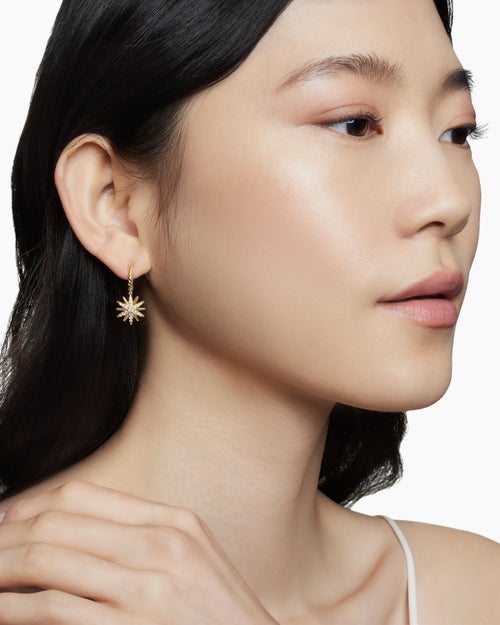 Womens Starburst Drop Earrings in 18K Yellow Gold with Diamonds, 25mm