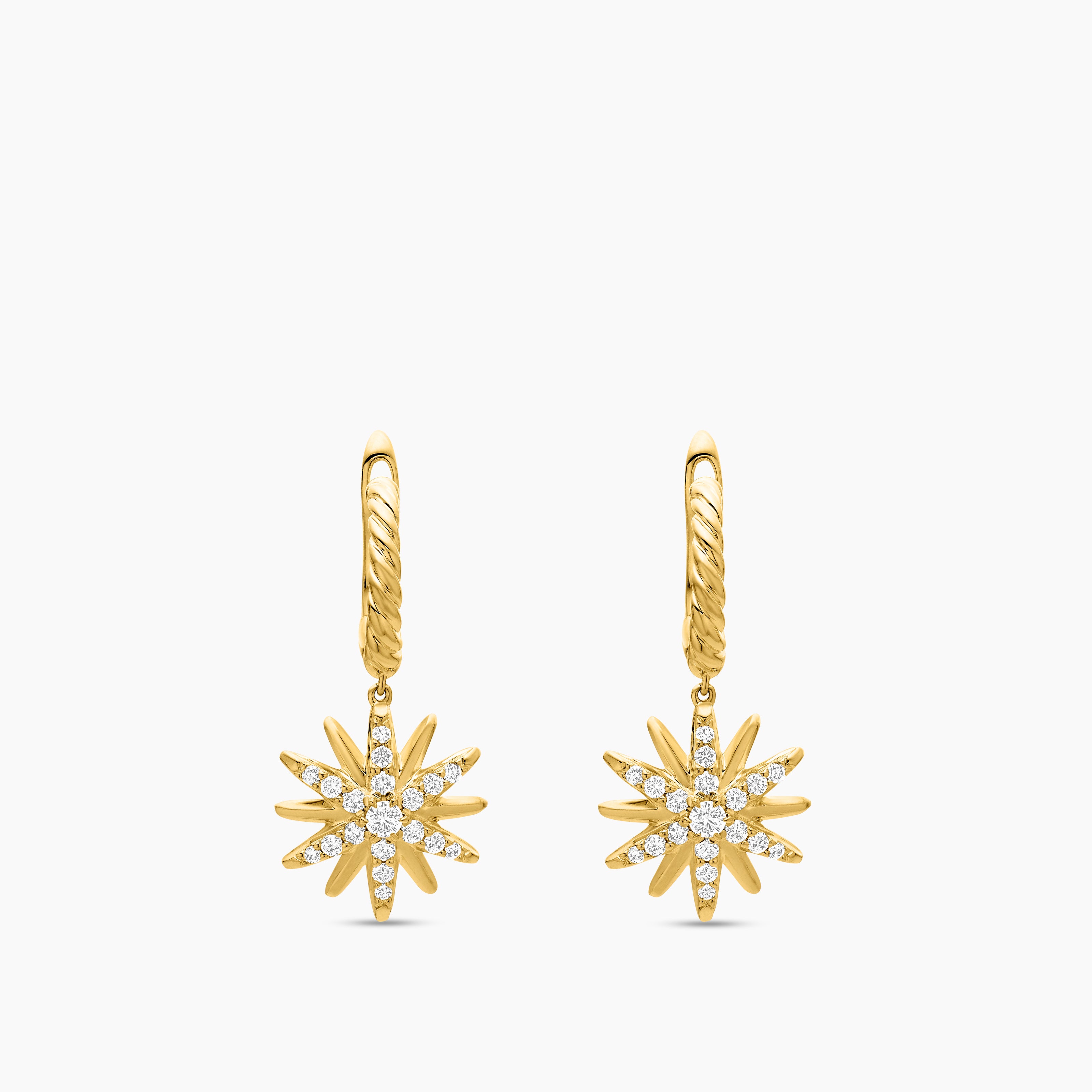 Womens Starburst Drop Earrings in 18K Yellow Gold with Diamonds, 25mm