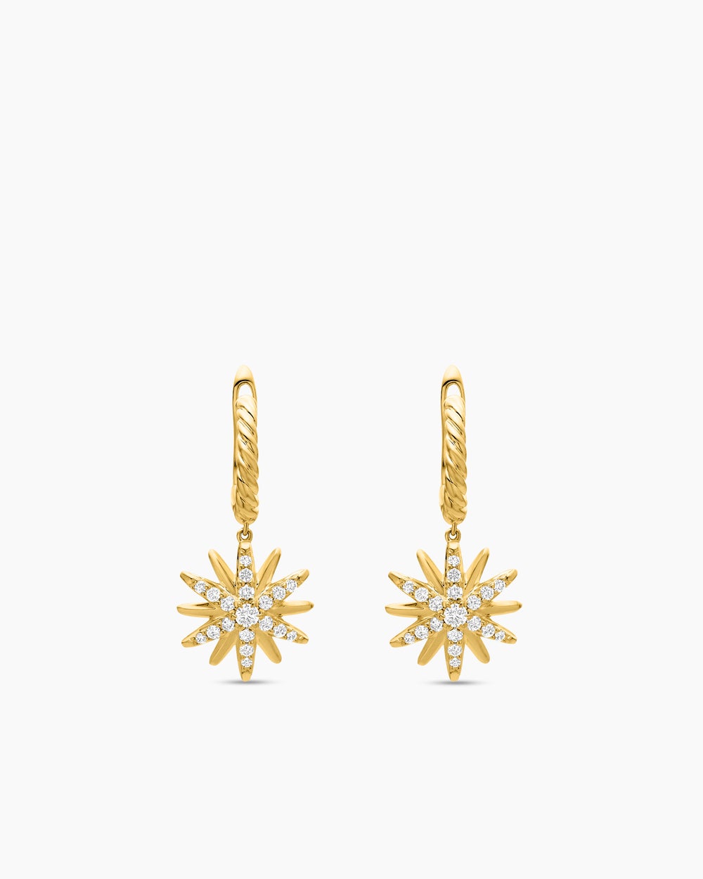 Womens Starburst Drop Earrings in 18K Yellow Gold with Diamonds, 25mm