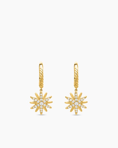 Womens Starburst Drop Earrings in 18K Yellow Gold with Diamonds, 25mm