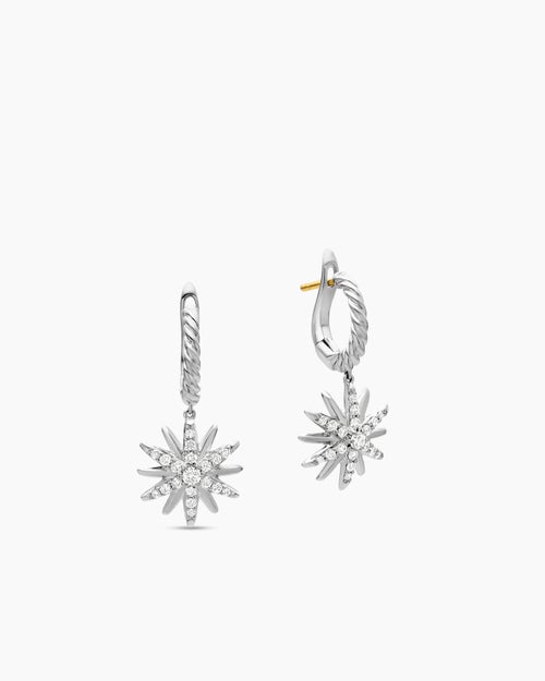 Womens Starburst Drop Earrings in Sterling Silver with Diamonds, 25mm