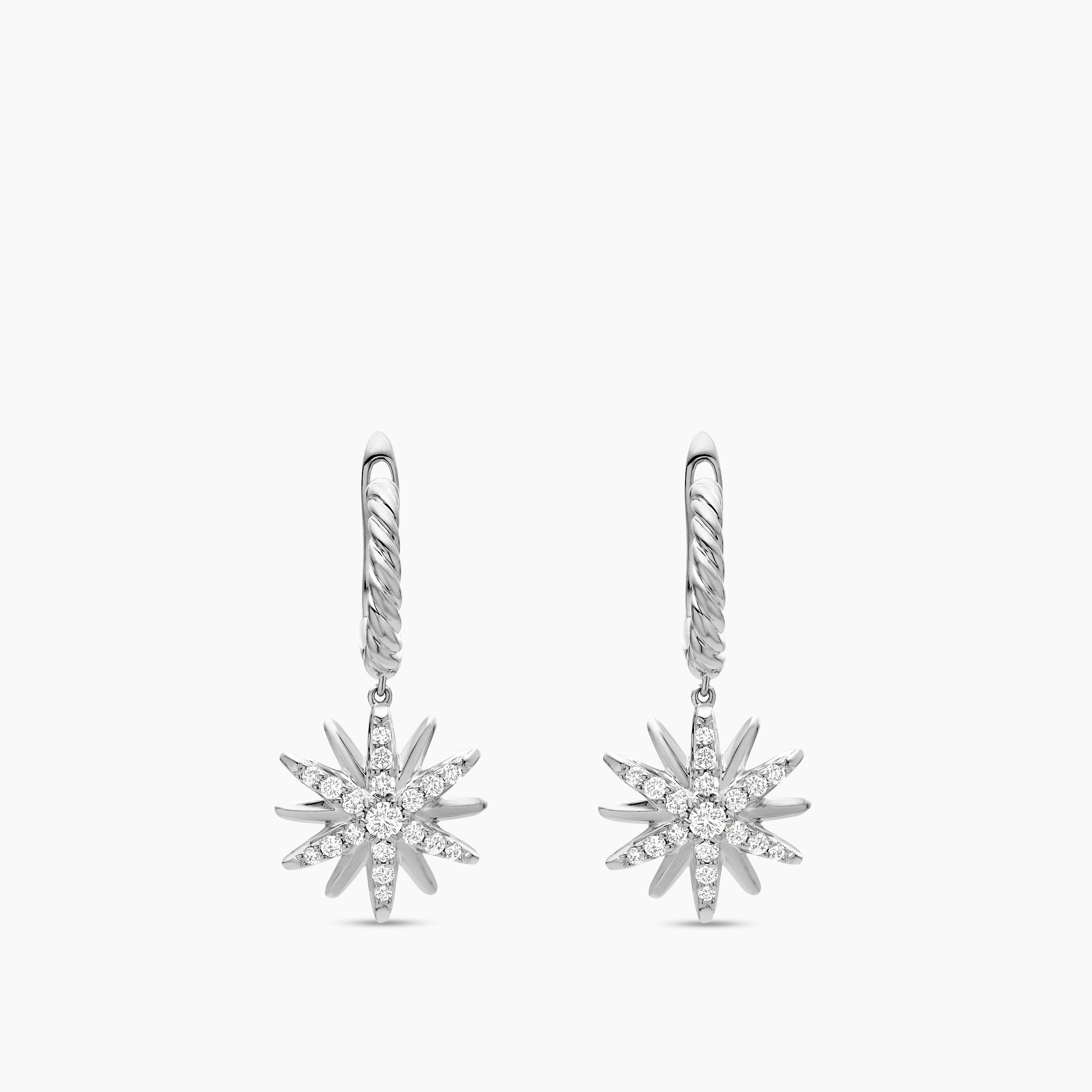Womens Starburst Drop Earrings in Sterling Silver with Diamonds, 25mm
