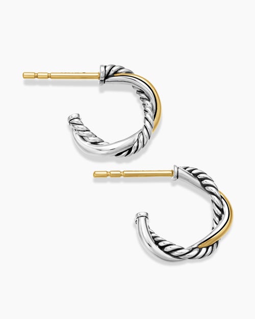 Womens Petite Infinity Huggie Hoop Earrings in Sterling Silver with 14K Yellow Gold, 3mm