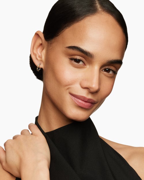 Womens Petite Infinity Huggie Hoop Earrings in Sterling Silver with 14K Yellow Gold, 3mm