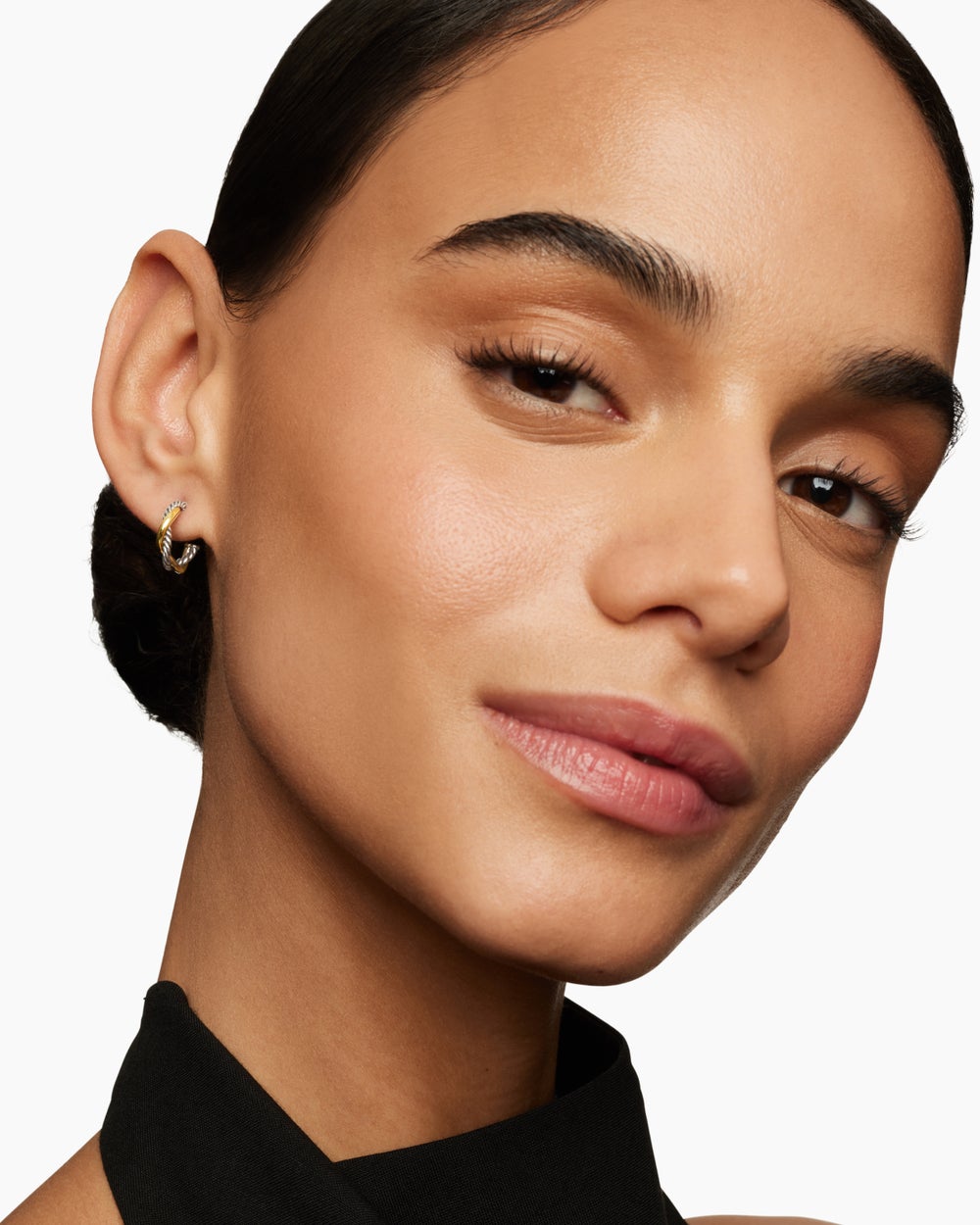 Womens Petite Infinity Huggie Hoop Earrings in Sterling Silver with 14K Yellow Gold, 3mm