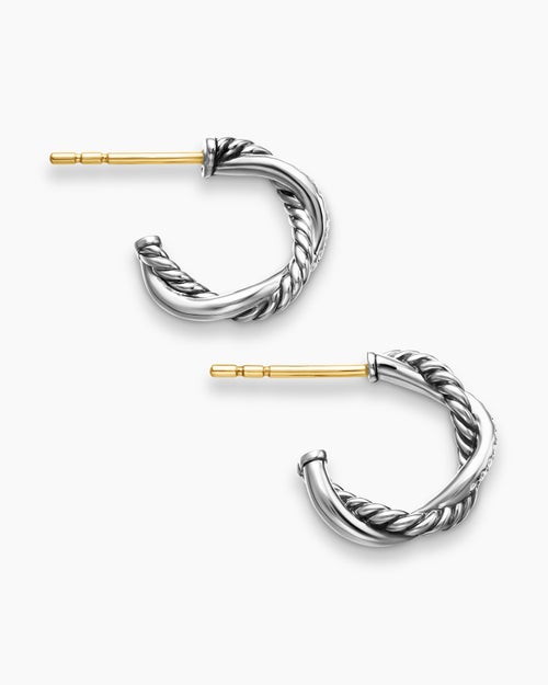 Womens Petite Infinity Huggie Hoop Earrings in Sterling Silver with Diamonds, 3mm