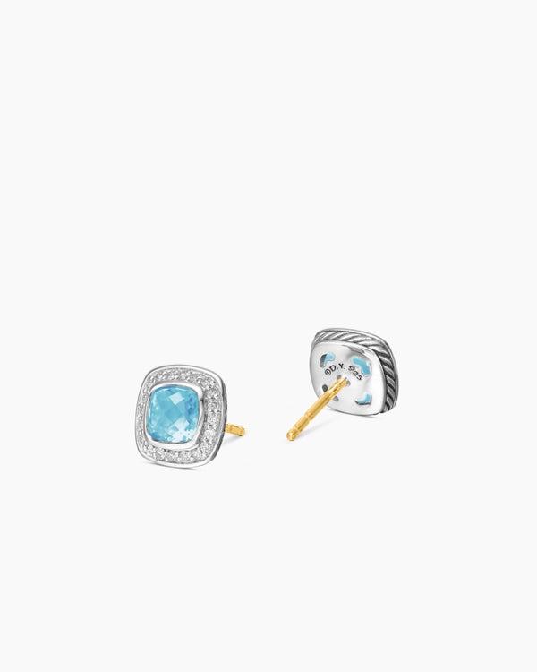 Petite Albion® Stud Earrings in Sterling Silver with Blue Topaz and Pavé Diamonds, 5mm