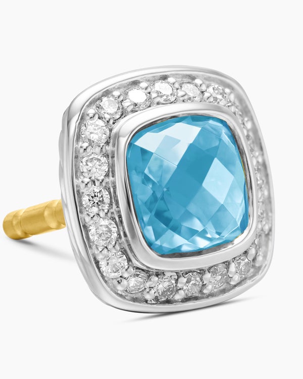 Petite Albion® Stud Earrings in Sterling Silver with Blue Topaz and Pavé Diamonds, 5mm