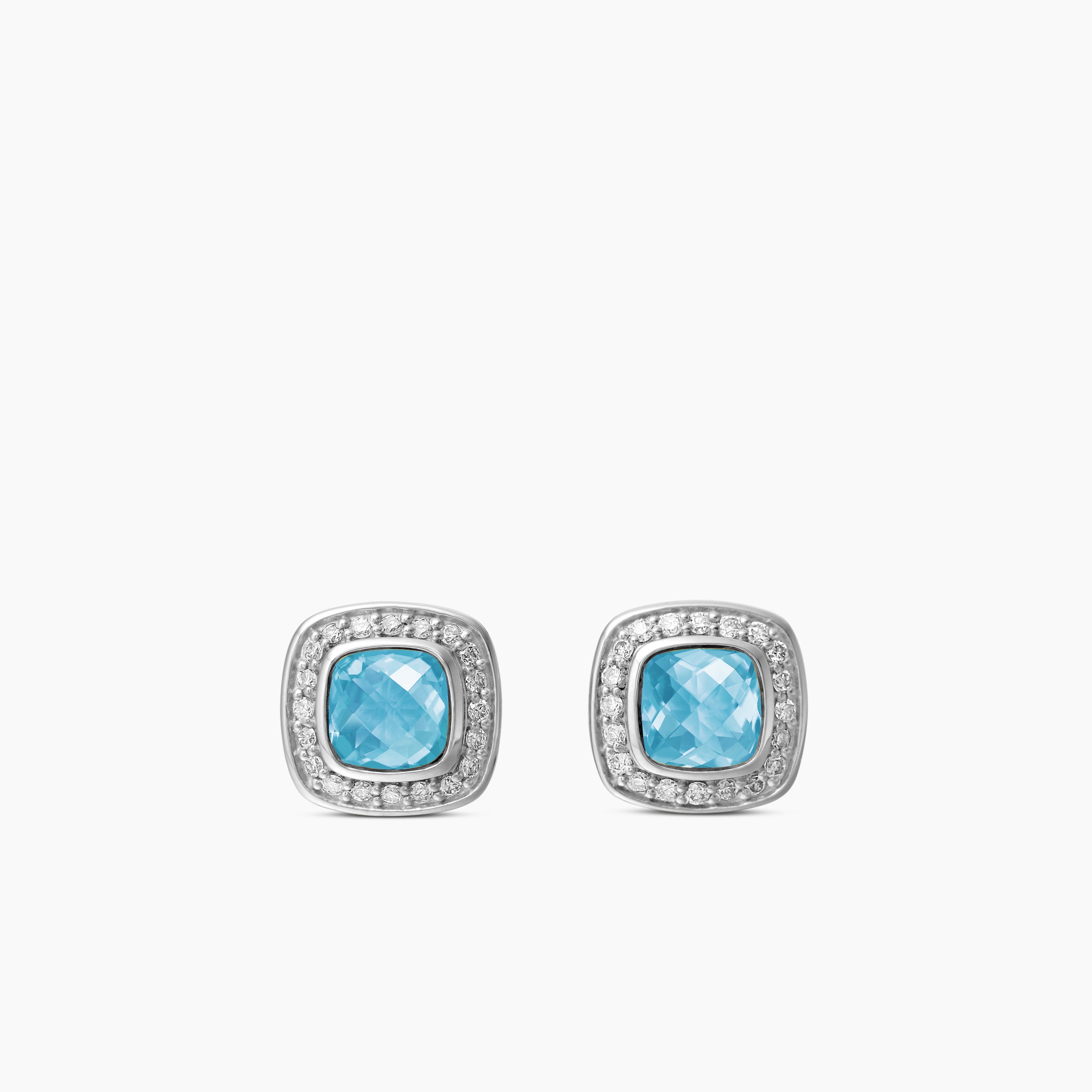 Womens Petite Albion&reg; Stud Earrings in Sterling Silver with Blue Topaz and Pav&eacute; Diamonds, 5mm