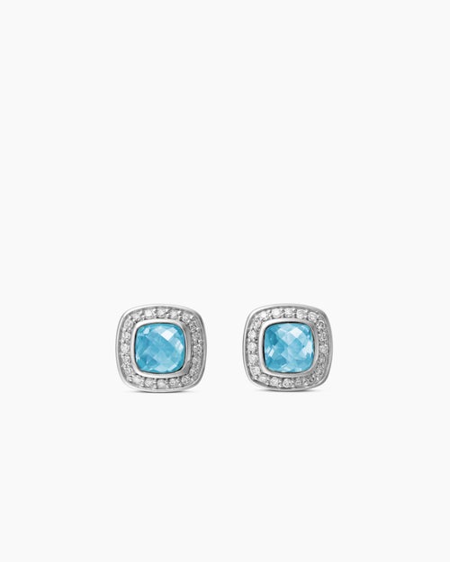 Womens Petite Albion® Stud Earrings in Sterling Silver with Blue Topaz and Pavé Diamonds, 5mm